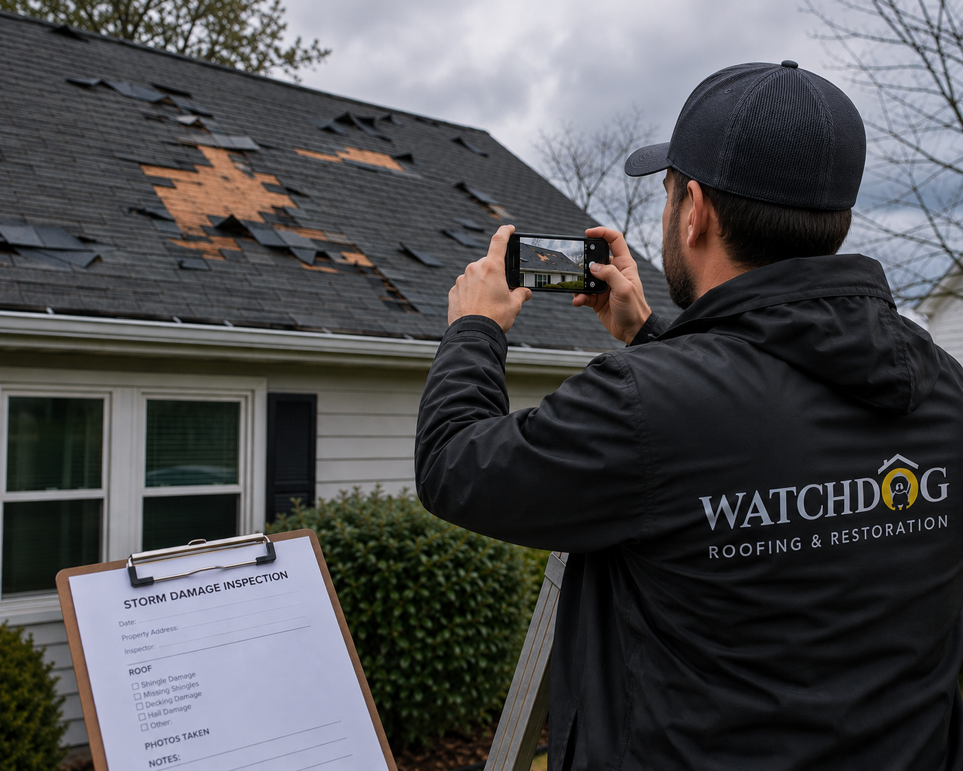 Roofer photographing storm damage for an insurance claim