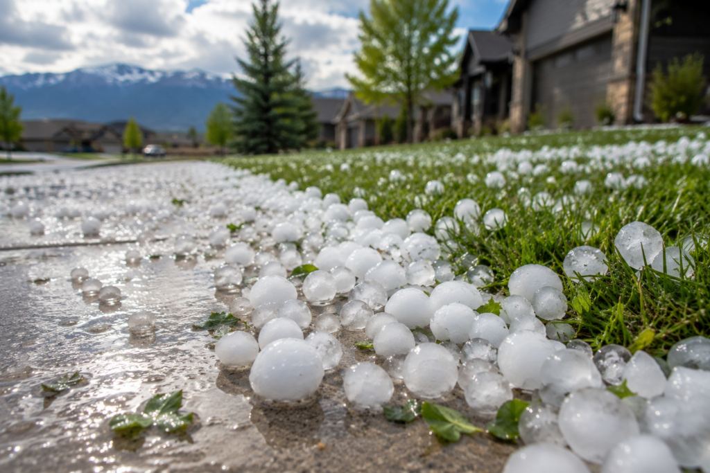 Large hailstones on a Colorado lawn after a summer thunderstorm.