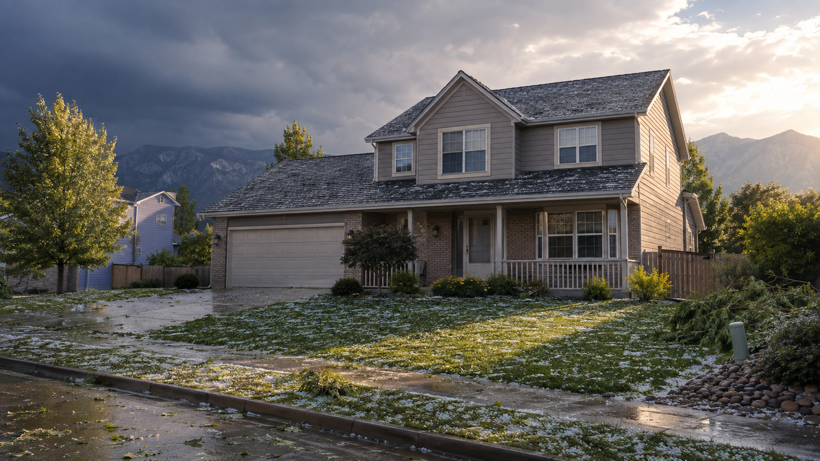 Denver metro suburban home the morning after a severe hailstorm, with hailstones scattered on the lawn and a clearing sky