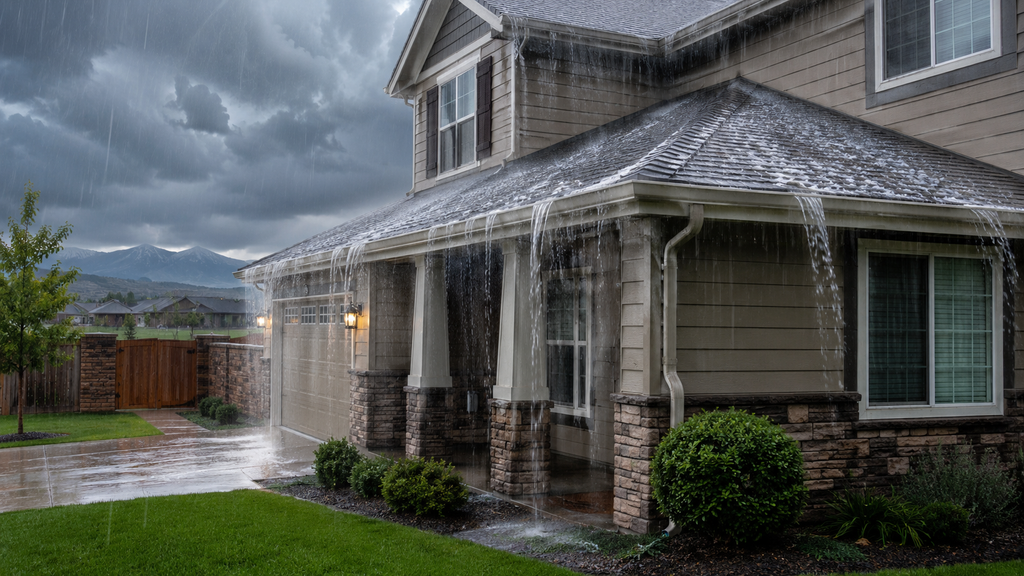 Heavy rain pouring off a residential roof and overflowing gutters during a Front Range monsoon storm in Brighton, Colorado