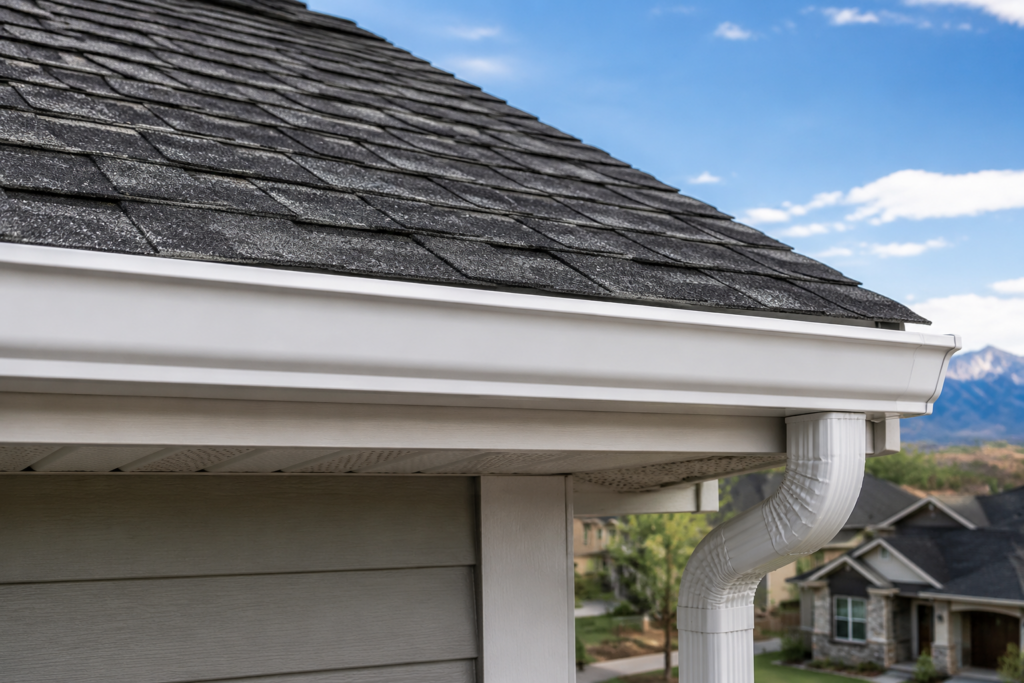 Newly installed seamless gutters along the roof edge of a Colorado home