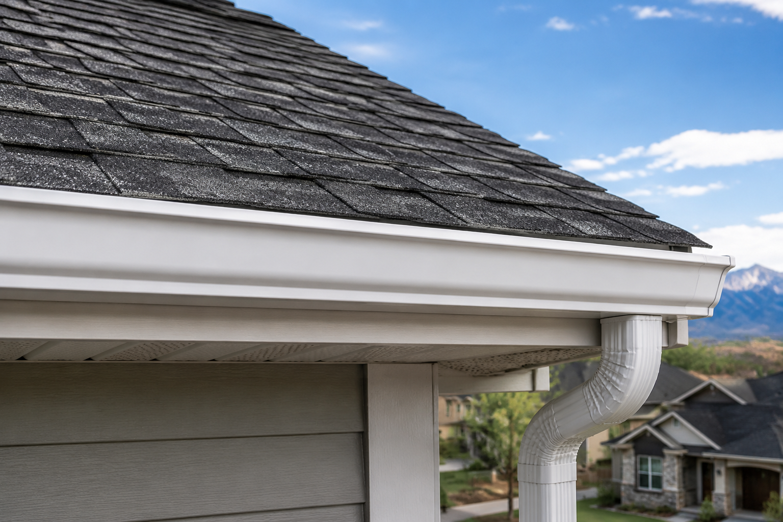 Newly installed seamless gutters along the roof edge of a Colorado home