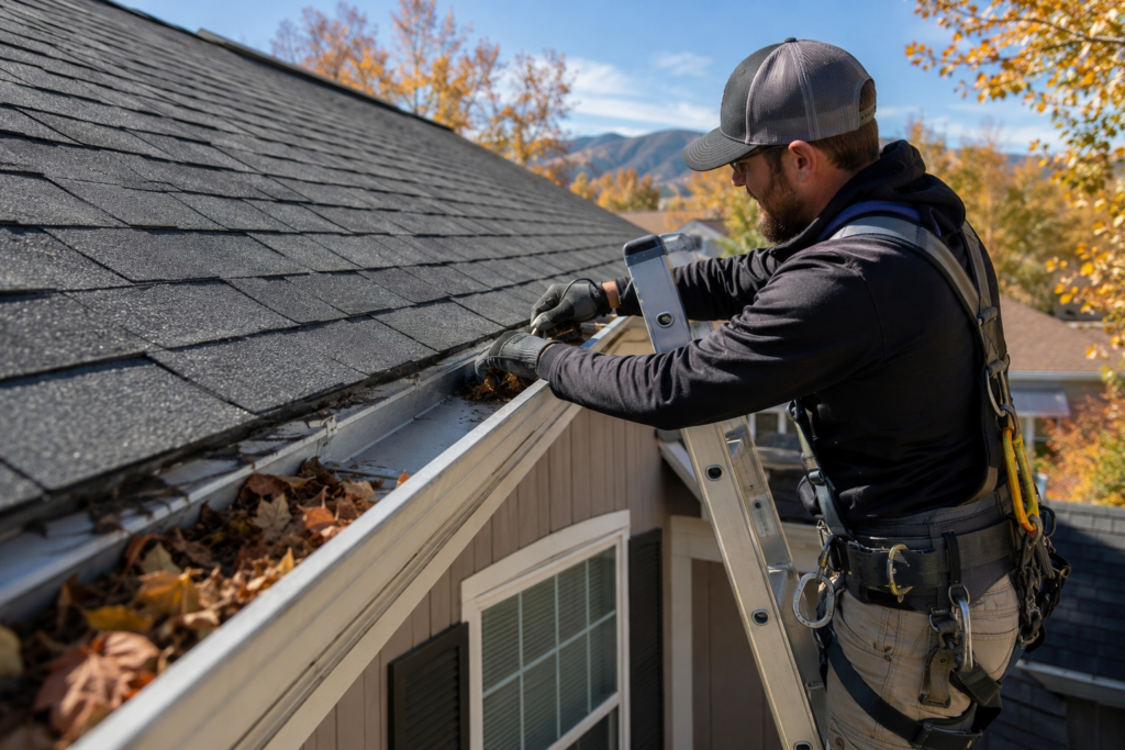 Homeowner cleaning leaves from a gutter during fall roof maintenance on a Colorado home