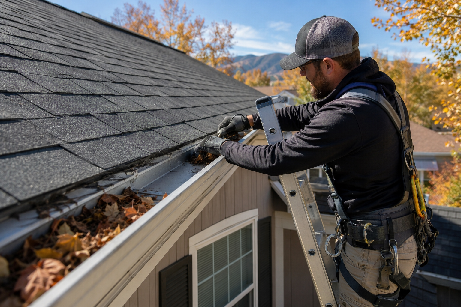 Homeowner cleaning leaves from a gutter during fall roof maintenance on a Colorado home