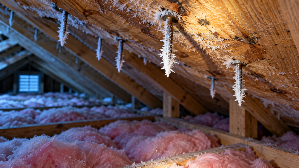Frost on roofing nail tips inside a Colorado attic showing winter attic condensation.