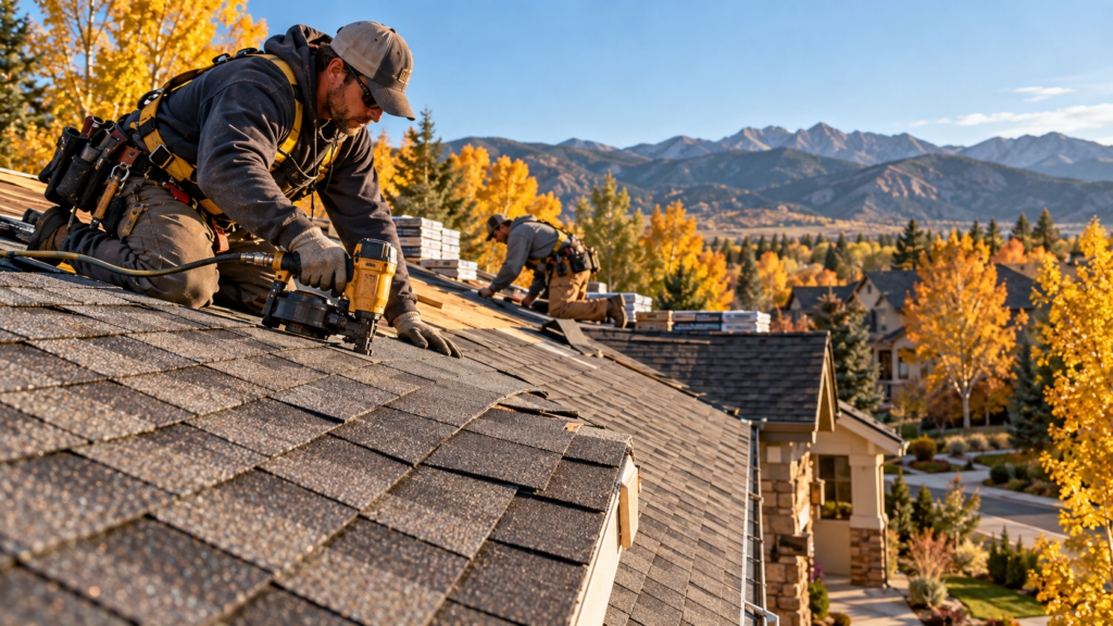 Roofing crew installing new asphalt shingles on a Brighton, Colorado home on a clear fall day.