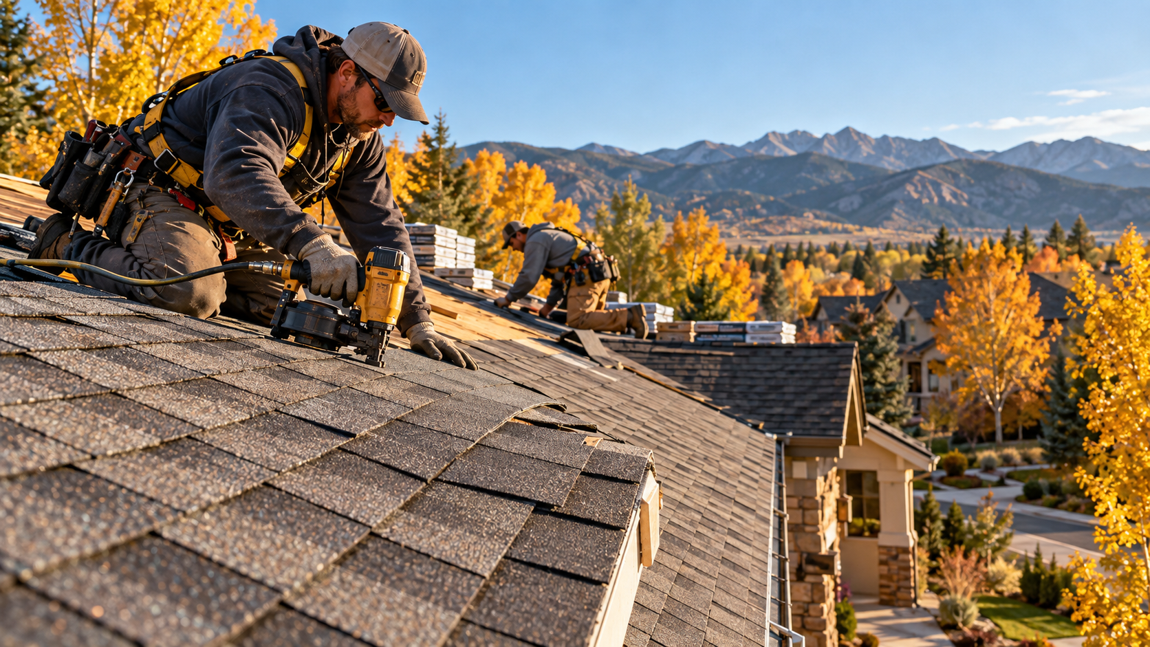 Roofing crew installing new asphalt shingles on a Brighton, Colorado home on a clear fall day.