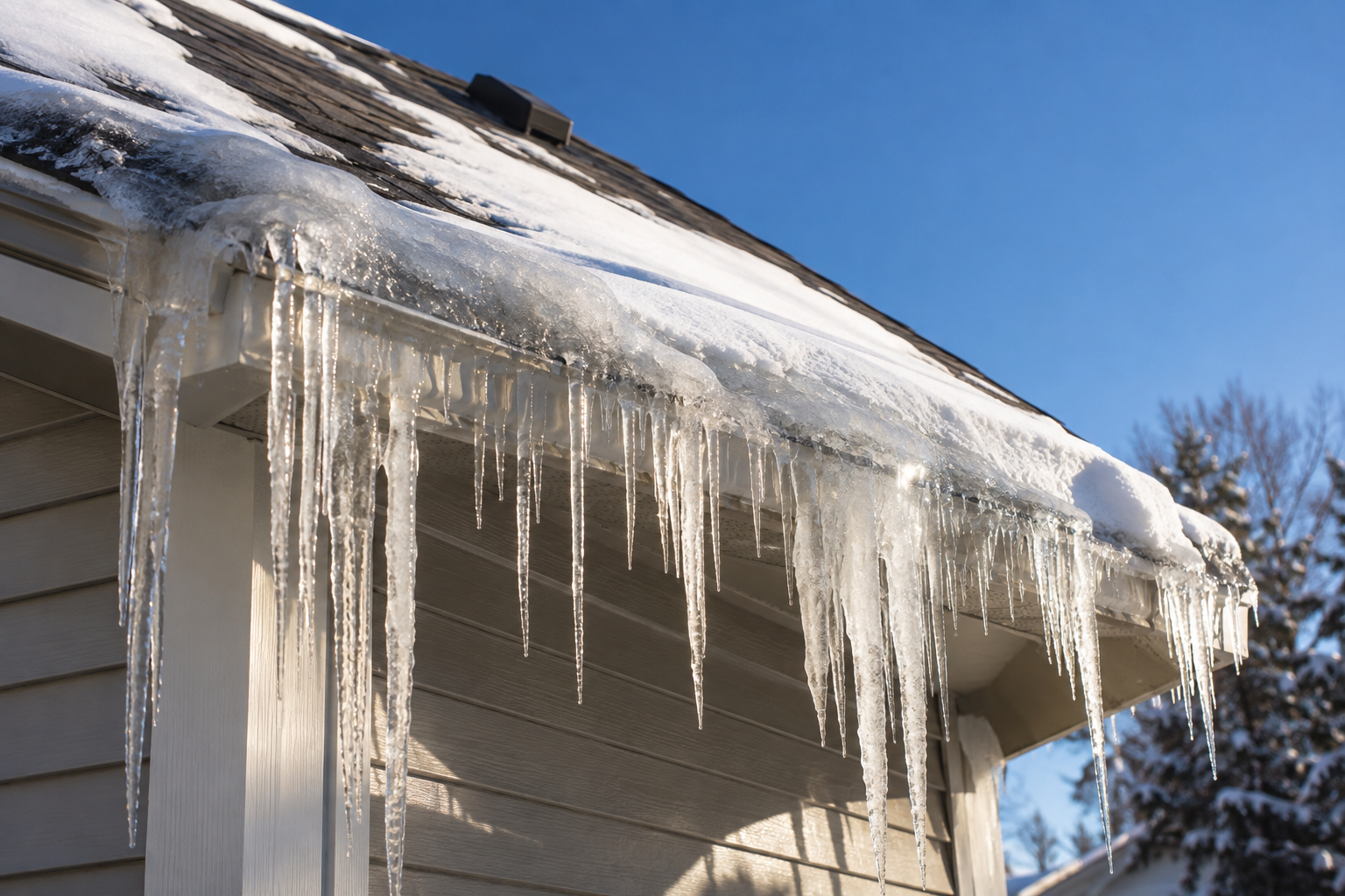 Ice dam and icicles forming on the eave of a Colorado home's roof in winter