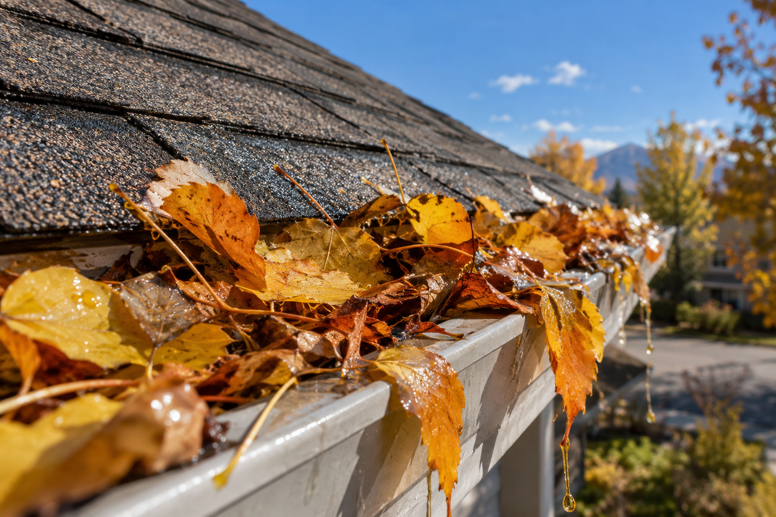 Fallen autumn leaves clogging a rain gutter on a Brighton, Colorado home before the first freeze.