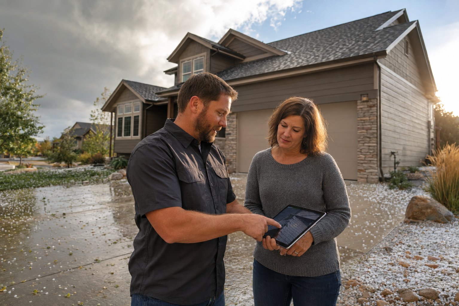 Roofer showing a Brighton, Colorado homeowner photos of hail damage on their roof after a storm
