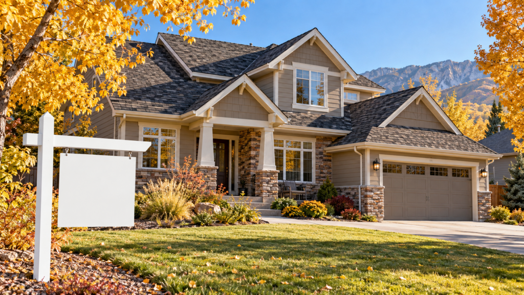 For sale sign in front of a Brighton, Colorado home with a well-maintained asphalt shingle roof.