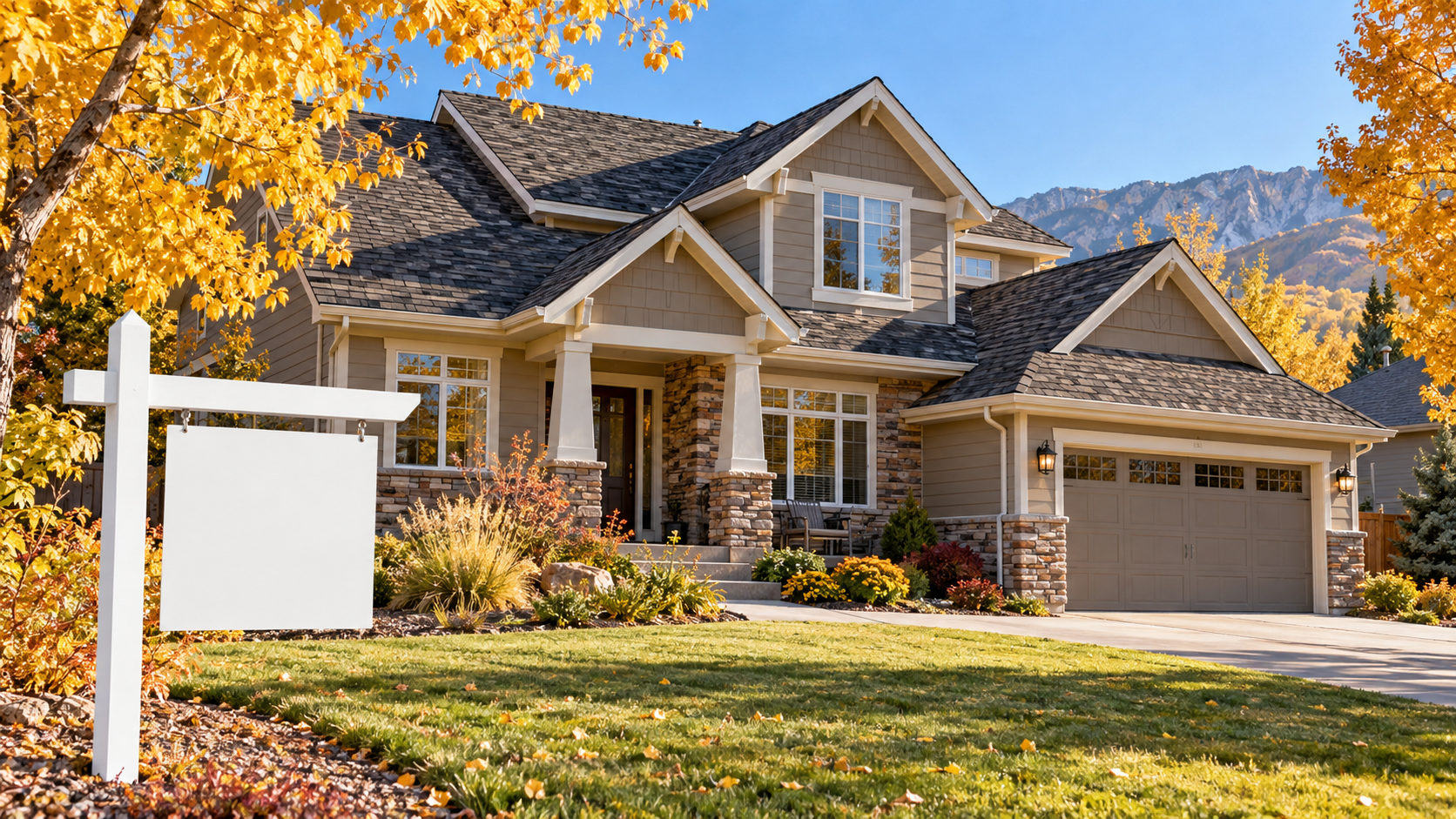 For sale sign in front of a Brighton, Colorado home with a well-maintained asphalt shingle roof.