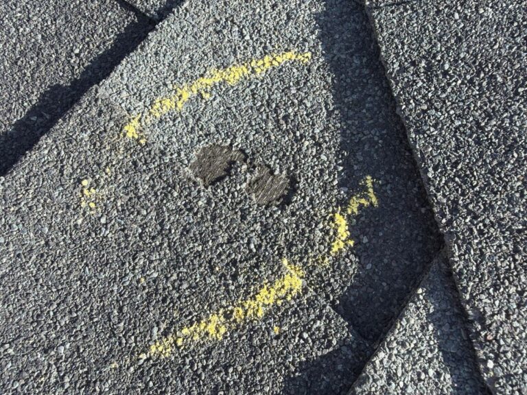 Close-up of a chalk-circled hail hit on an asphalt shingle in Brighton, CO