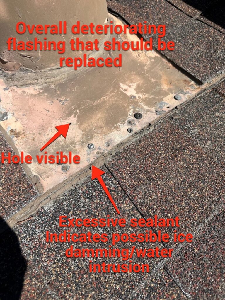 Annotated photo of deteriorating flashing with a visible hole and excess sealant on a Northglenn roof